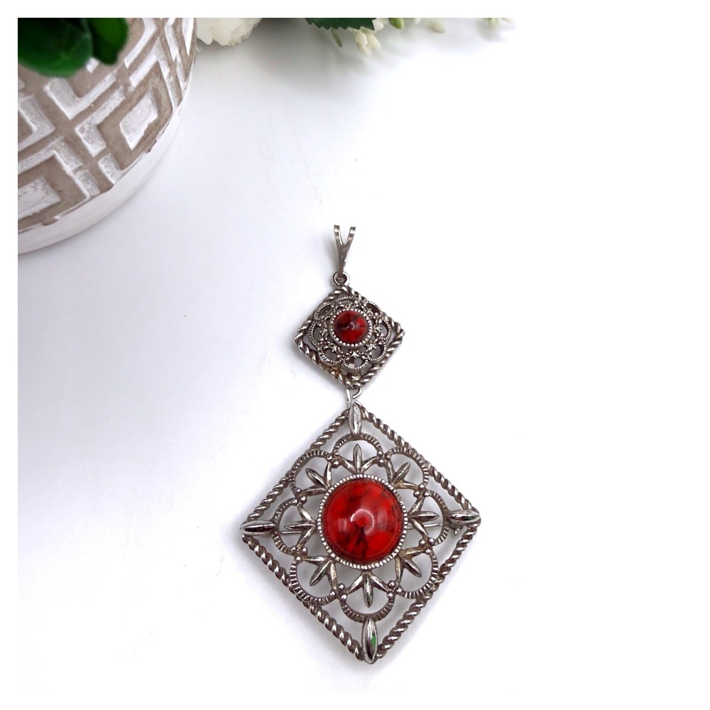 Sarah Coventry Inca Fire Red Cabochon Brooch Pendant Vintage 1970s Filigree